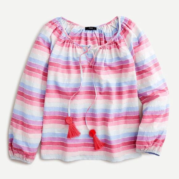J. Crew Metallic Pastel Stripe Tassel Tie Peasant Top Women's Size Medium NWT - Picture 1 of 6
